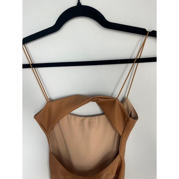 Alix NYC Faux Leather Bodysuit Women XS Cutout Spaghetti Strap Tan - Picture 5 of 7